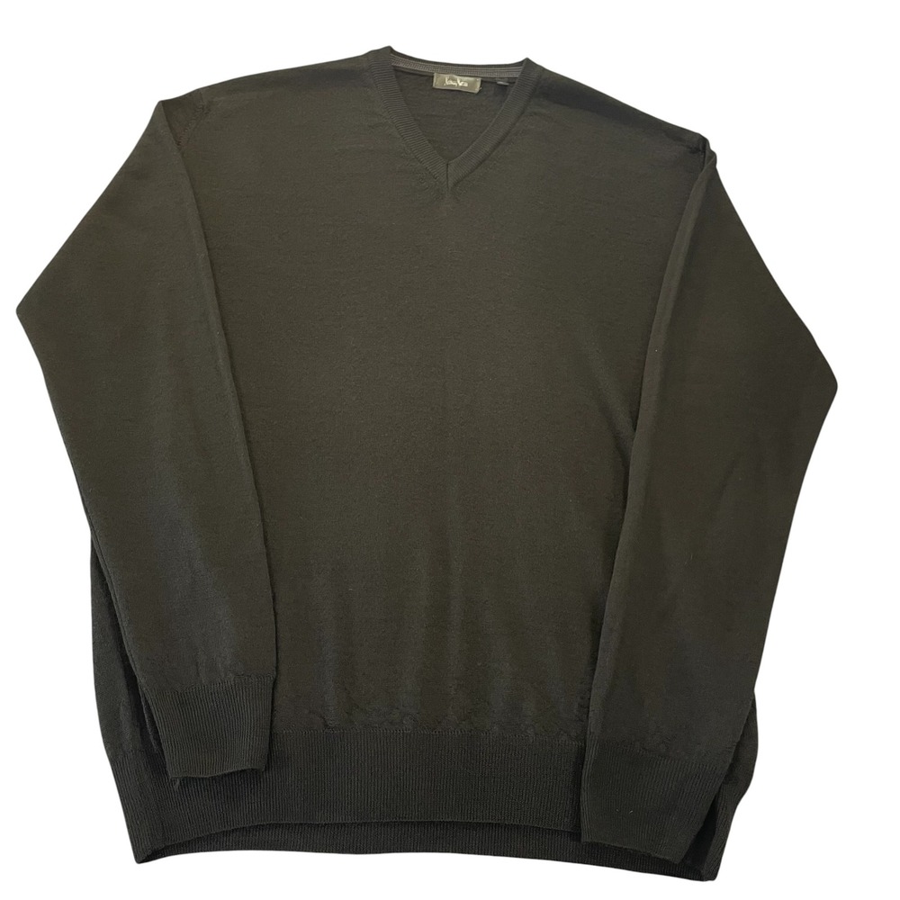 Neiman Marcus Mens XL V-Neck Sweater Black Merino Wool Acrylic Blend Vintage - Picture 2 of 7